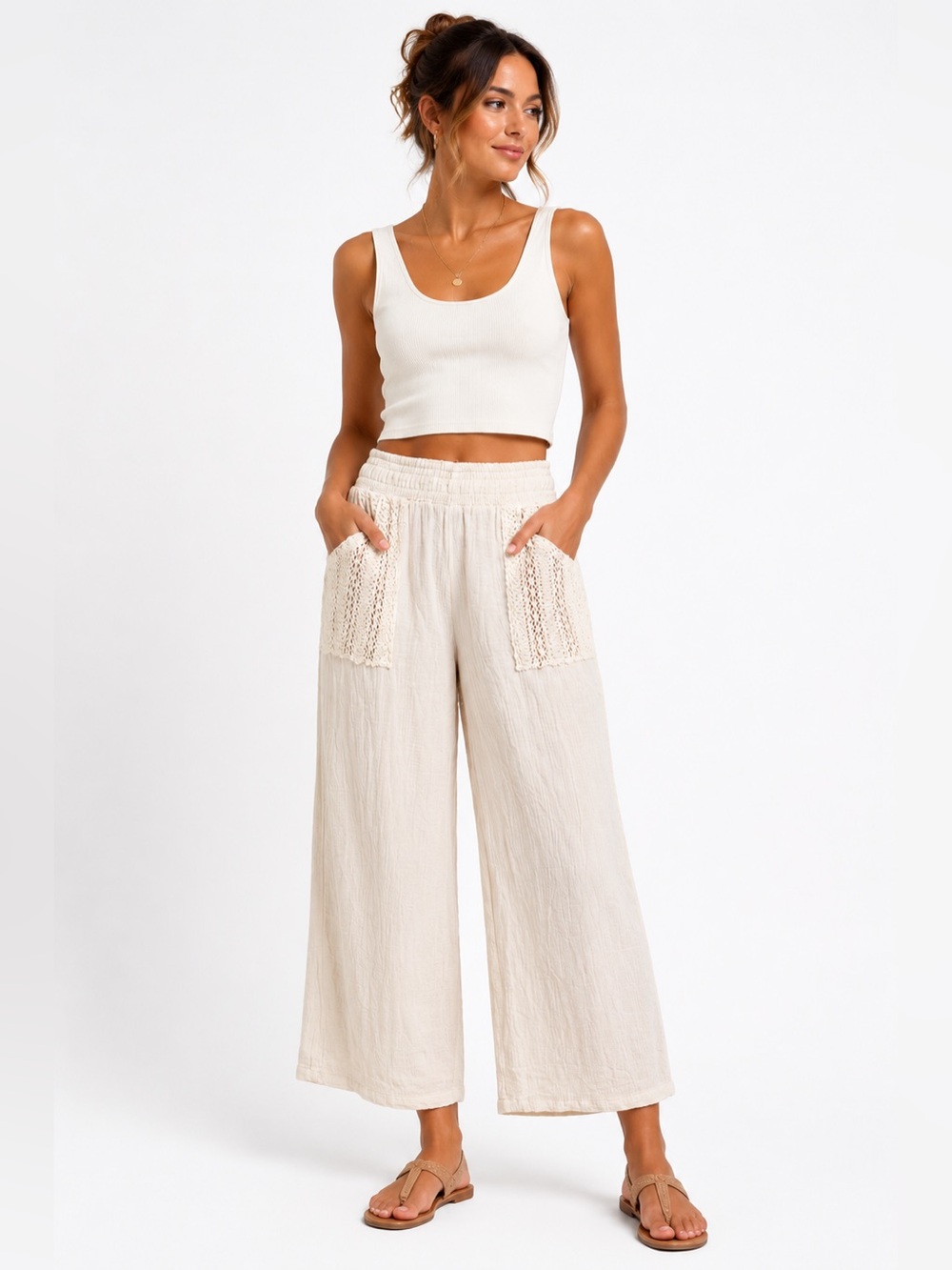 Ocean Drive Pants Womens Large Cream Gauze Wide Leg Crochet Pocket Boho